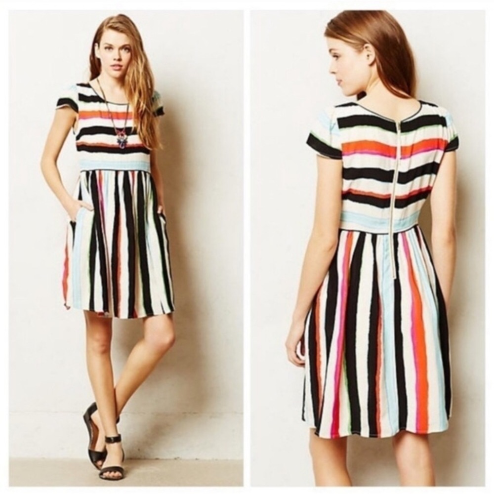 Anthropology Maeve Peralta watercolor stripe cap sleeve dress w/ pockets, size 0